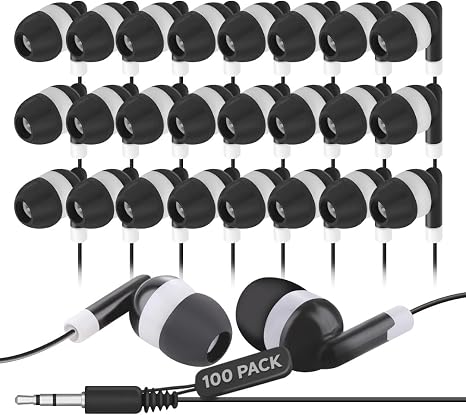 JustJamz Bulk Earbuds 100 Pack | Wired in-Ear Earphones for Classroom, Students, Kids, and Libraries | Disposable Headphones with 3.5mm Jack, Perfect for Schools, Laptops, and Chromebooks, Black