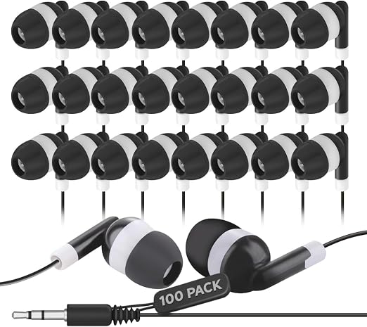 JustJamz Bulk Earbuds 100 Pack | Wired in-Ear Earphones for Classroom, Students, Kids, and Libraries | Disposable Headphones with 3.5mm Jack, Perfect for Schools, Laptops, and Chromebooks, Black