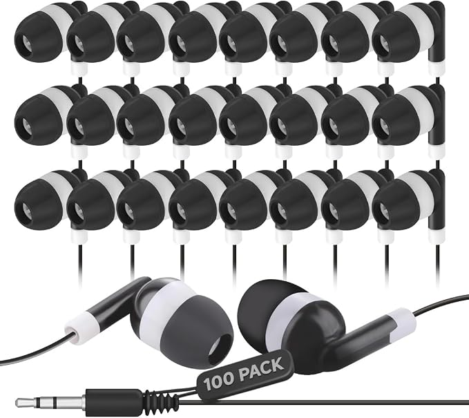 JustJamz Bulk Earbuds 100 Pack | Wired in-Ear Earphones for Classroom, Students, Kids, and Libraries | Disposable Headphones with 3.5mm Jack, Perfect for Schools, Laptops, and Chromebooks, Black