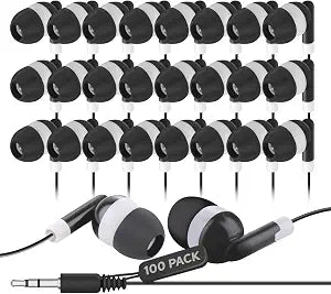 JustJamz Bulk Earbuds 100 Pack | Wired in-Ear Earphones for Classroom, Students, Kids, and Libraries | Disposable Headphones with 3.5mm Jack, Perfect for Schools, Laptops, and Chromebooks, Black