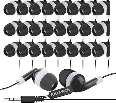 JustJamz Bulk Earbuds 100 Pack | Wired in-Ear Earphones for Classroom, Students, Kids, and Libraries | Disposable Headphones with 3.5mm Jack, Perfect for Schools, Laptops, and Chromebooks, Black