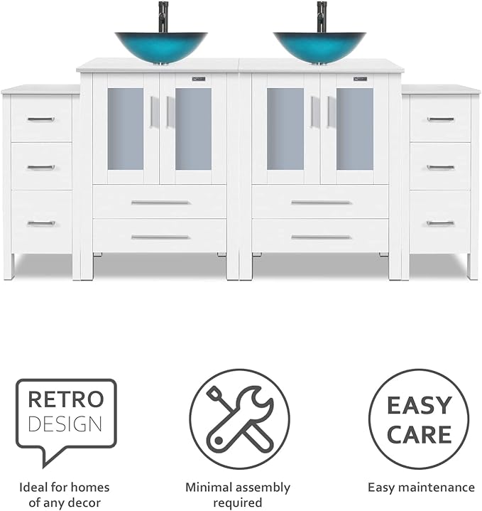 eclife 72" Modern Bathroom Vanity Sink Combo Freestanding Cabinet with Small Side Cabinet, Turquoise Square Glass Vessel Sink, Water Save Faucet, Drain (White+A10)