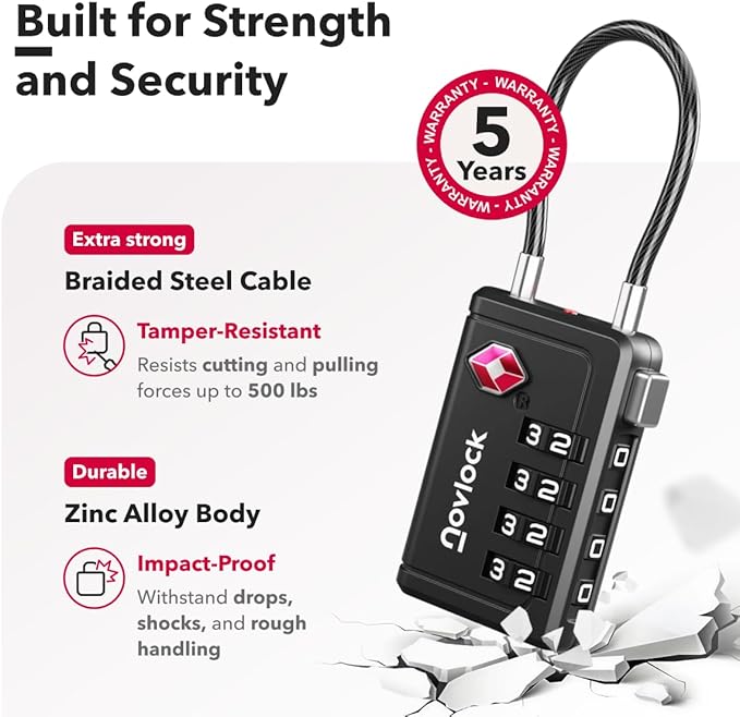 TSA Approved Luggage Locks | Inspection Indicator, 4-Digit Combination, Durable Zinc Alloy | for Suitcases, Backpacks, Travel Bags | Black, 4-Pack
