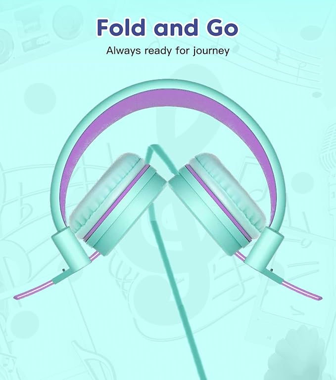 Kids Headphones, Toddler Headphone with Safe Volume Limiter 94dB, Wired School Headphones for Kid, 3.5mm Adjustable On-Ear Headphone for Boys/Girls/Children/Teens/iPad/Computer, Purple Green