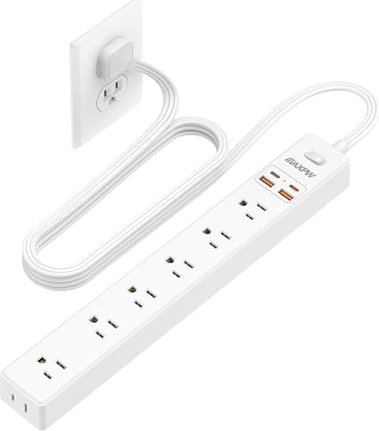 6Ft Flat Plug Extension Cord Power Strip,7 AC Outlets 4 USB Ports(2 USB C)