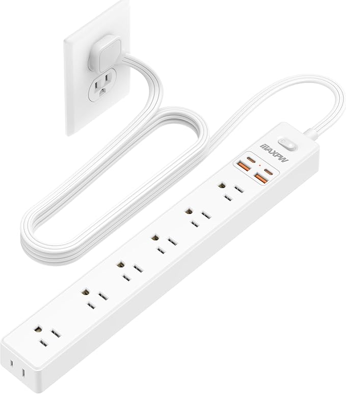 6Ft Flat Plug Extension Cord Power Strip,7 AC Outlets 4 USB Ports(2 USB C)