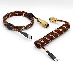 Reverse Coiled Type-C Cable for Gaming Keyboard, Double-Sleeved Mechanical Keyboard Cable with Gold Metal GX16 Aviator, 1.5M USB-C to USB-A (Gold Red) - Image 1