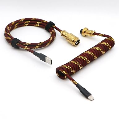 Reverse Coiled Type-C Cable for Gaming Keyboard, Double-Sleeved Mechanical Keyboard Cable with Gold Metal GX16 Aviator, 1.5M USB-C to USB-A (Gold Red)