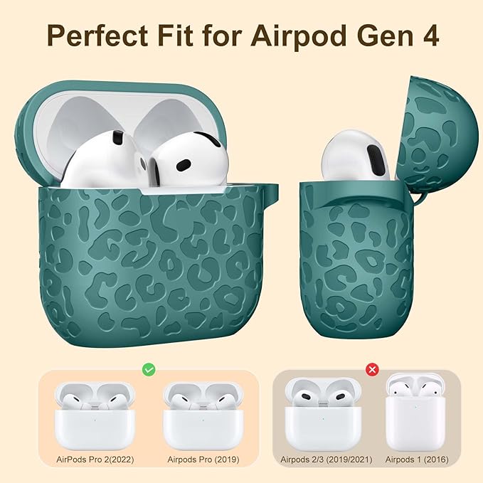 Leopard Engraved for AirPods 4 Case Cover 2024,Soft Silicone Protective Case Compatible with Apple AirPods 4th Generation Case for Women,Cute AirPod 4 Case Accessories with Keychain,Pinggreen
