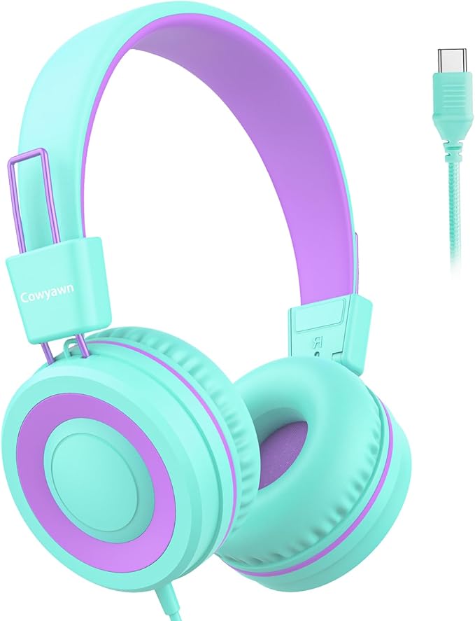 USB Type C Kids Headphones for School, Wired Toddler Headphones, 94dB Volume Limited, HD Stereo Sound, Foldable Lightweight On-Ear Wired Headphones for Kids/Children/Teens/Boys (Purple Green)