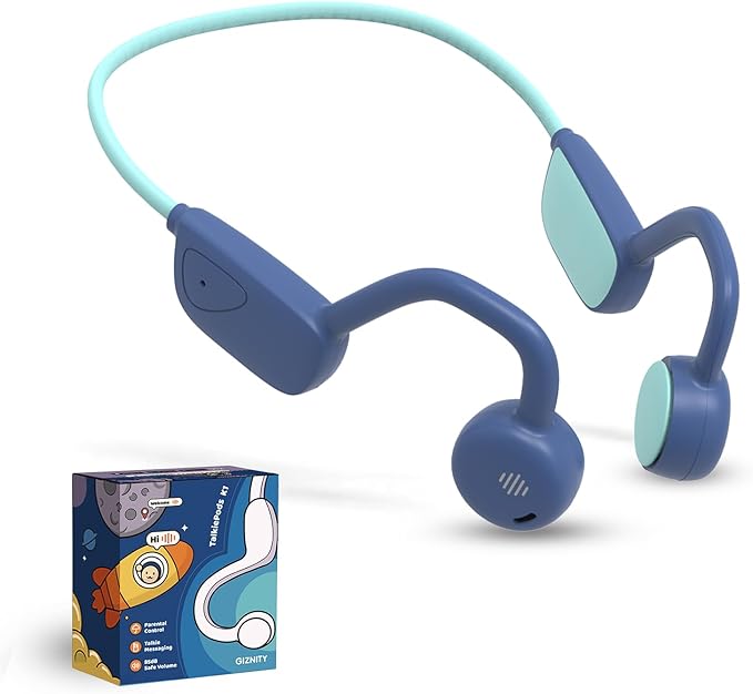 Kids Bluetooth Headphones, Air Conduction Open-Ear Headphones, Mic/Touch, 85dB Limit, Parental Control, Clear Audio, Lightweight, Rugged & Durable, IP54/20H, Earbuds for School/Travel - Blue