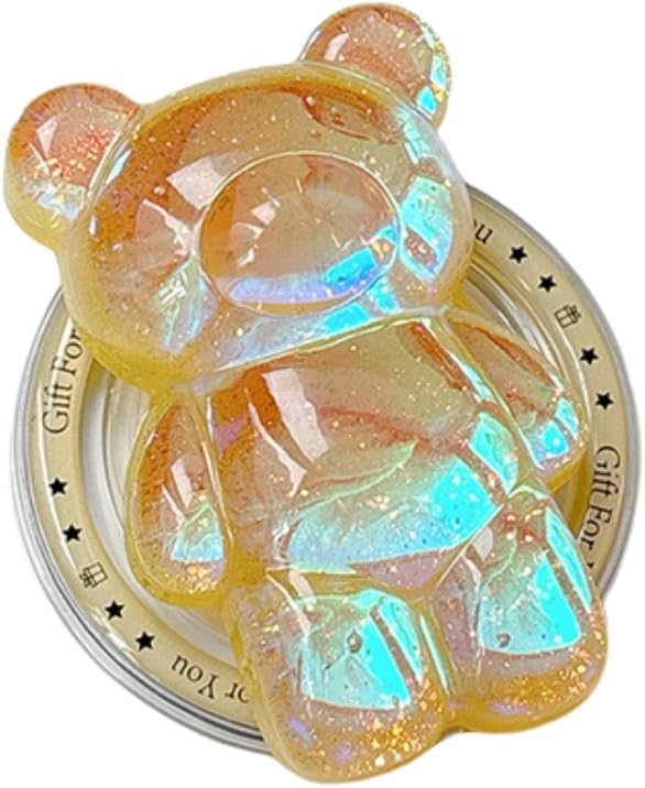 Cute Kawaii 3D Bear Phone Grip Stand, Iridescent Holographic Resin Cell Phone Holder & Kickstand, Compatible with iPhone, Samsung Galaxy, Android (Honey Gold)