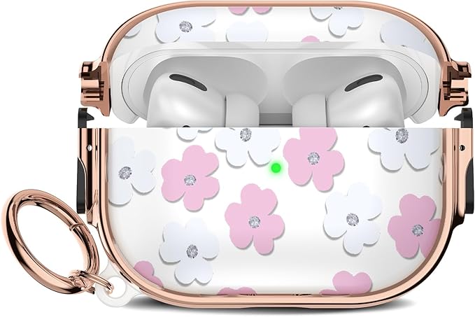 Maxjoy for Cute Airpods Pro 2 case with Safety Lock,Compatible Airpods Pro Case 2nd/1st Gen,for Pink and White Flowers AirPods Case Coverfor Women Girly with Keychain-Transparent