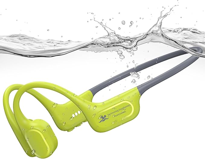 Bone Conduction Swimming Headphones, IP68 Waterproof Earbuds with 32GB MP3, Bluetooth 5.4 Open Ear Sport Earphones, Underwater Headphones for Swimming, Running, Cycling, Marathon-SurfAudio(Glow green)
