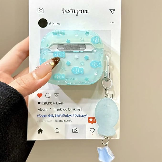 Compatible with AirPods Pro Case Soft TPU with Cleaner Kit Creative Fish Star Keychain Shockproof Cover for Airpods Pro 2nd/1st Generation-Water Blue