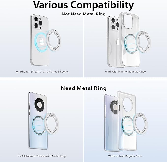 ZXM Magnetic Phone Grip for Magesafe,X7 for Magsafe Ring Stand,Magnetic Cellphone Ring Holder with Kickstand for iPhone 16 Pro Max Plus iPhone 15 14 13 &Huawei,Samsung(Silver)