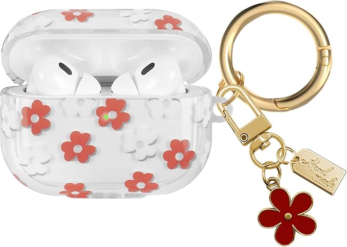 Compatible with AirPods Pro 2 Case Cover 2022, Soft TPU with Cute Flower Pattern for AirPods Pro 2nd/1st Generation Case with Flower Keychain and Carabiner for Girls Women (Red)