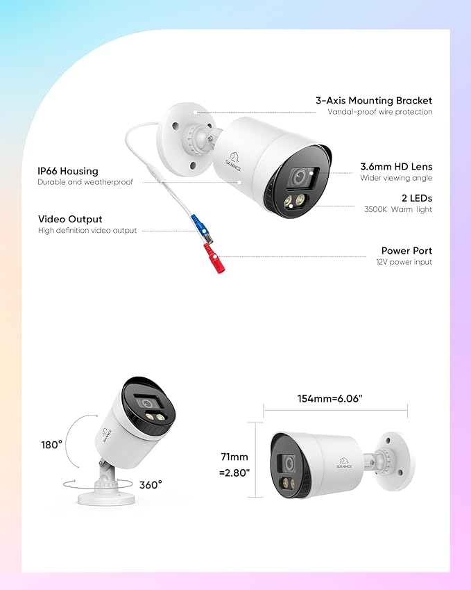 SANNCE Full Color Night Vision 1080P TVI Bullet Wired Security Camera,2 Warm Lights, IP66 Weatherproof for Indoor Outdoor Use, 100ft Clear Full Color Night Vision, Only a Camera, No Power Supply