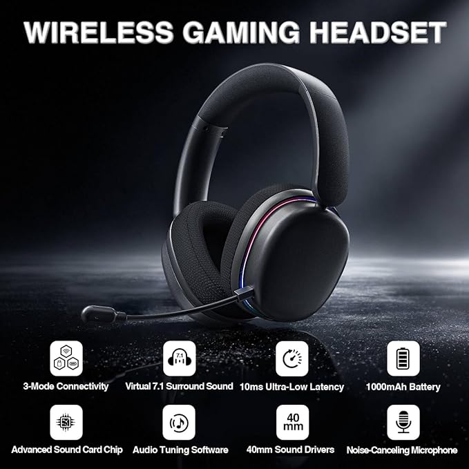 AULA G7 Pro Wireless Gaming Headset with 7.1 Surround Sound, 40mm Driver, BT5.3 Gaming Headphones with Mic, RGB, 10ms Latency, 65H Battery, PC Gaming Headset for PS5,PS4, Switch,Xbox,PC,Phone, Mac