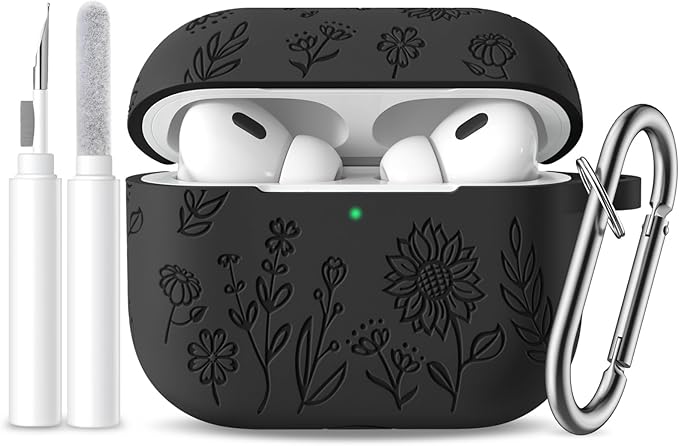 Hamile for AirPods Pro 2nd Generation Case with Cleaner Kit & Keychain, Flower Engraved Soft Silicone Protective AirPods Pro Case Cover for Apple AirPods Pro Case 2nd/1st Gen,Front LED Visible,Black