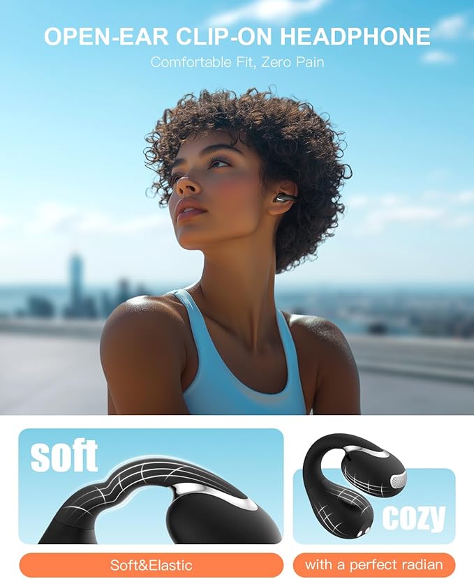 Open Ear Clip Wireless Earbuds Bluetooth 5.4, Lightweight Comfort Sports Bone Conduction Headphones Built-in Mic for Clear Audio, Stable Fit Earphones 24H Play-Black