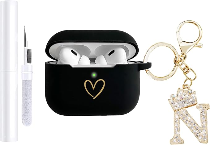 Compatible with AirPods Pro 3 Case Cover (2025), Soft Silicone Case with Gold Heart Pattern for AirPods Pro 3rd Generation Case with Rhinestone Studded Letter A-Z Keychain (N Black)