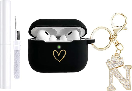 Compatible with AirPods Pro 3 Case Cover (2025), Soft Silicone Case with Gold Heart Pattern for AirPods Pro 3rd Generation Case with Rhinestone Studded Letter A-Z Keychain (N Black)