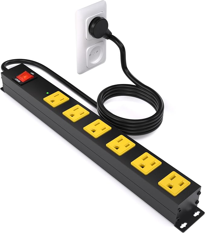 Heavy Duty 6 Outlet Metal Long Power Strip, 2700J Surge Protector with 15A Circuit Breaker, 6FT Extension Cord, Wall Mount for Garage, Workshop & Industrial Use, Wide Spaced (6ft)