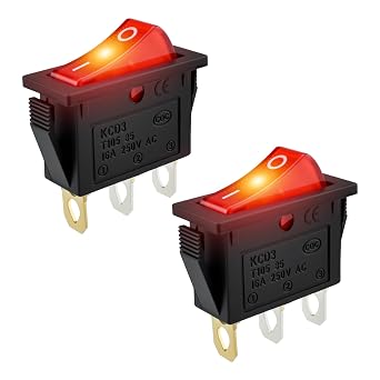 2Pcs Red LED Lighted KCD3 Rocker Switch | SPST On/Off 2 Position 3 Pin