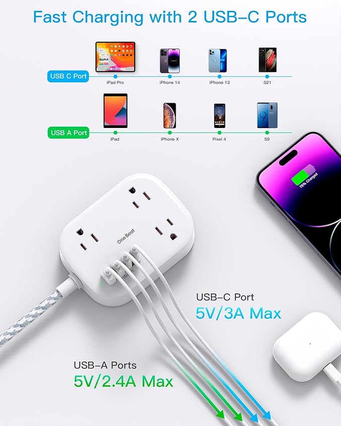 One Beat Cruise Ship Essentials,Travel Power Strip with USB C,Flat Plug Extension Cord with 3 Outlets 4 USB Ports(2 USB C),3 ft Desk Wall Outlet Extender,Non Surge Protector for Cruise,Dorm Room,ETL