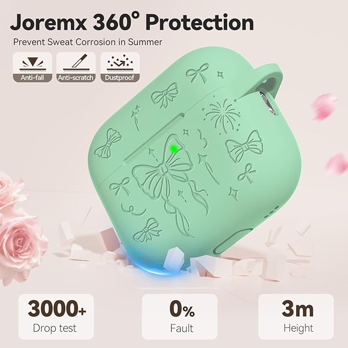 for Airpods Pro 3 Case Cover, Joremx Cute Bow Engraved Silicone Protective Case Cover with Keychain, Cleaner Kit for Airpods Pro 3rd Generation (2025) (Mint Green)