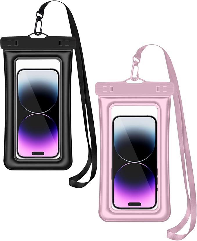 Floating Waterproof Phone Pouch (2-Pack), IPX8 Dry Bag with Built-in Airbag, Touch-Friendly Clear Case with Lanyard for Beach, Swimming, Kayaking & Cruise, Fits Phones up to 7.2" (Black-Pink)