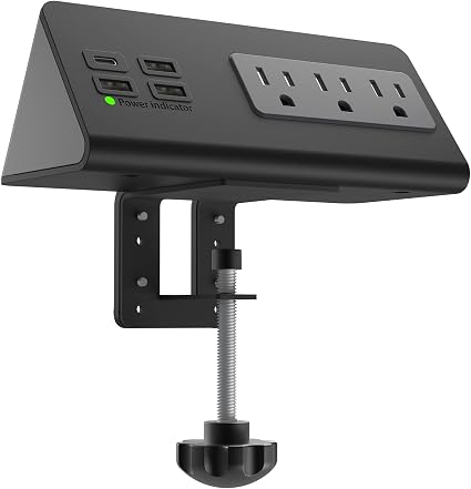 Nightstand Edge Mount Power Strip with USB-C Ports Tabletop Desk Clamp Power Sockets with 3 AC Outlets &4 Fast Charging USB Ports for Home Office Hotel and Dormitory