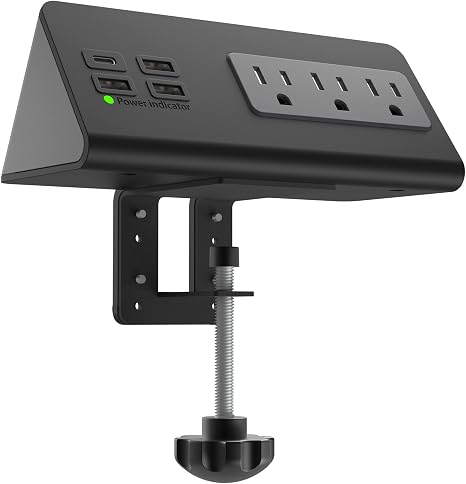 Nightstand Edge Mount Power Strip with USB-C Ports Tabletop Desk Clamp Power Sockets with 3 AC Outlets &4 Fast Charging USB Ports for Home Office Hotel and Dormitory