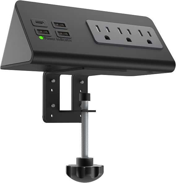 Nightstand Edge Mount Power Strip with USB-C Ports Tabletop Desk Clamp Power Sockets with 3 AC Outlets &4 Fast Charging USB Ports for Home Office Hotel and Dormitory