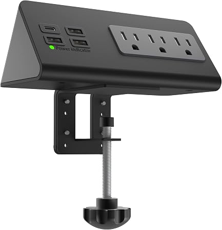 Nightstand Edge Mount Power Strip with USB-C Ports Tabletop Desk Clamp Power Sockets with 3 AC Outlets &4 Fast Charging USB Ports for Home Office Hotel and Dormitory