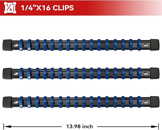 ALOANES 3PC ABS Socket Organizer, Socket Rails Fit 1/4 inch Drive, Heavy Duty Socket Holders Hold up to 48 Sockets, Black Rails with Blue Clips