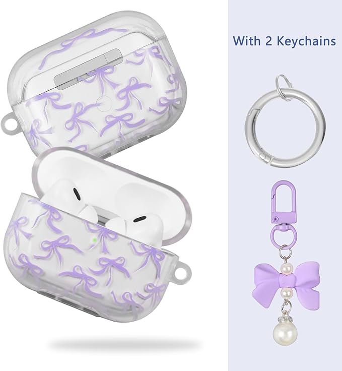 Compatible with AirPods Pro 2 Case Cover 2022, Soft TPU with Cute Flower Pattern for AirPods Pro 2nd/1st Generation Case with Flower Keychain and Carabiner for Girls Women (Purple Bow)
