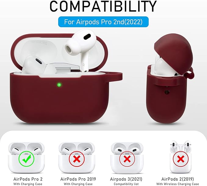 Silicone Compatible with AirPods Pro 2 Case 2022/2023, Gawnock Soft Case Cover Flexible for Women Girls with Keychain - Burgundy