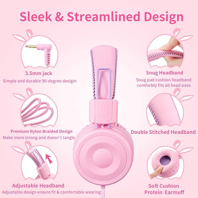 M1 Kids Headphones Wired Headphone for Kids,Foldable Adjustable Stereo Tangle-Free,3.5MM Jack Wire Cord On-Ear Headphone for Children (Pink)
