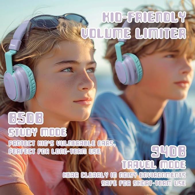 Kids Headphones Bluetooth 5.3 Wireless Lightweight Fast Charging 68 Hours Play Time Volume Limited 85/94dB Over Ear Foldable with Built-in Mic for Toddler Tablet Pad Light Purple