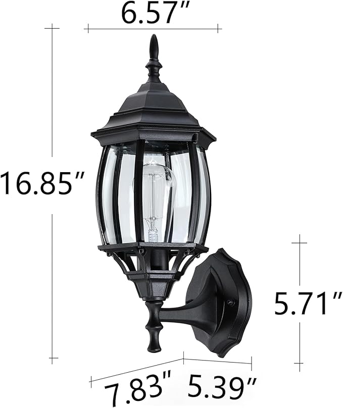 2 Pack Black Outdoor Wall Lights - 16.8 Inch Garage Side Light for House, Metal and Glass Wall Lantern Sconce, Vintage Outside Porch Light for Front Door,Porch,Balcony,E26 Base
