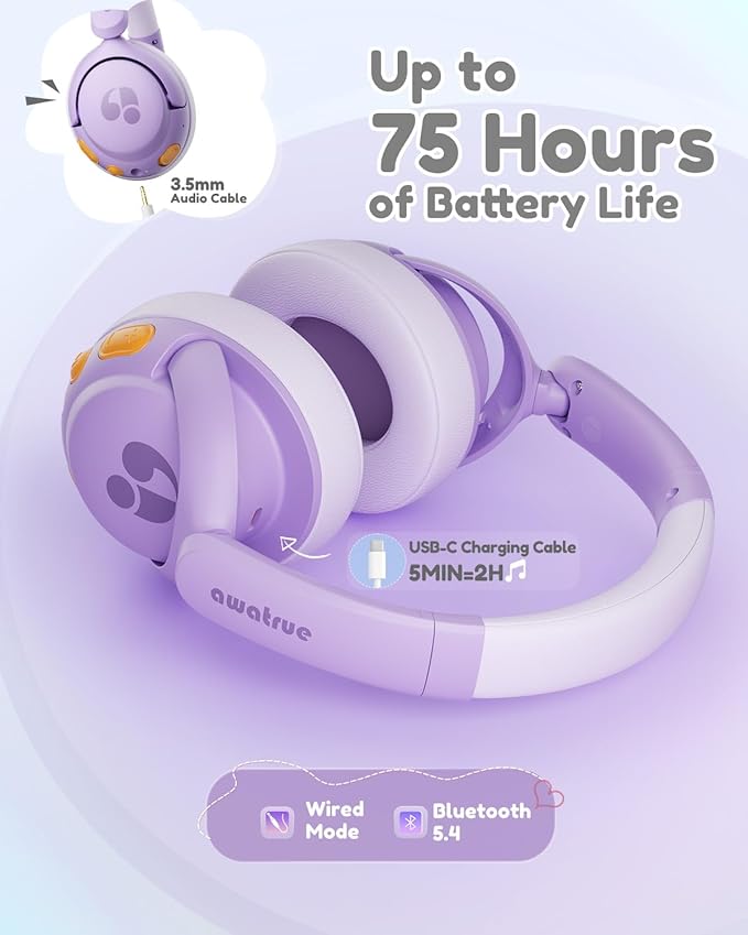 Kids Bluetooth Headphones, 85dB Volume Limiter, Foldable Wireless Over-Ear Headphones for iPad, Travel, 75H Playtime, Bluetooth 5.4, Built-in Mic, Purple