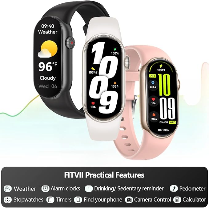 FITVII Slim Fitness Tracker AMOLED with Blood Oxygen, Blood Pressure, 24/7 Heart Rate and Sleep Tracking, IP68 Waterproof Activity Trackers and Smart Watches with Step Tracker, Pedometer for Women Men