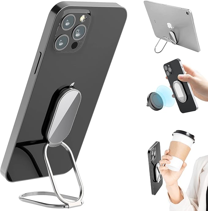 Phone Holder Foldable Phone Stand Phone Ring Holder Finger Kickstand 360° Rotation Cell Phone Stand Metal Phone Grip for Magnetic Car Mount Sticky Phone Grip Compatible with Most Smartphones
