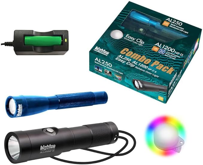 Bigblue AL1300NP and AL250 Dive Light Combo Pack with 8-Color Easy Clip - Blue