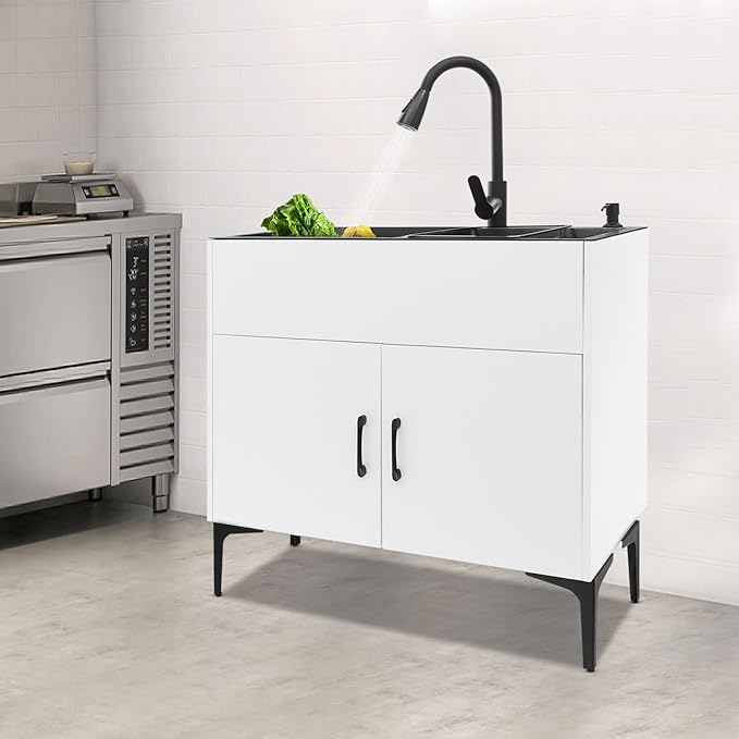 32-Inch Utility Sink Cabinet with Pull-Out Sprayer Faucet, Laundry Sink with Cabinets and Stainless Steel Double Sinks, Freestanding Cabinet with Sink for Laundry&Utility Room, Kitchen, Bathroom
