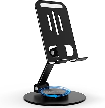 Metal Cell Phone Stand for Desk, Multi-Angel Adjustable 360° Rotation Desktop Phone Holder and Foldable Mobile Phone Stand, Compatible with All Smartphones, Black