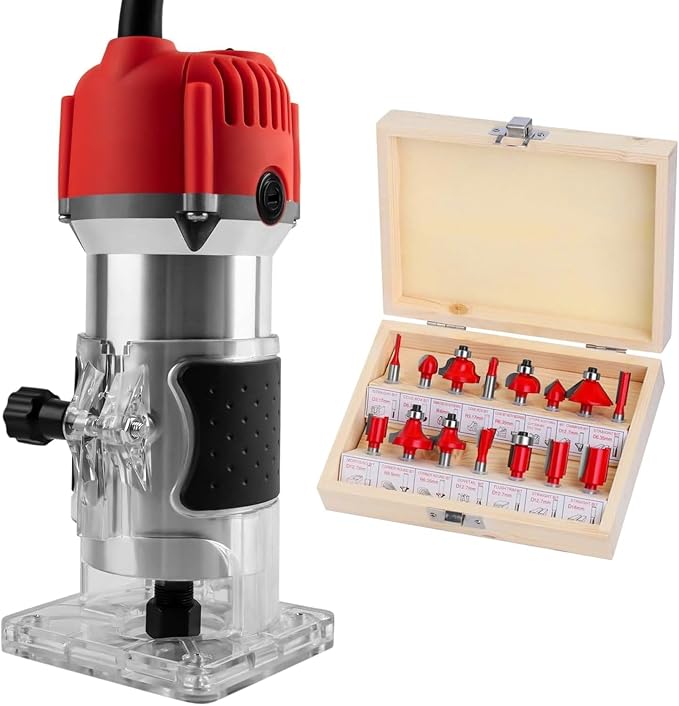 Palm Wood Router Tool, 110V 800W Wood Routers for Woodworking, 30000R/MIN Compact Edge Trimmer with 15 PCS 1/4" Router Bit Set