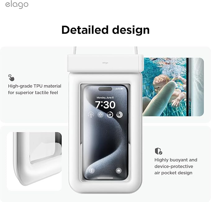 elago Waterproof Phone Pouch for iPhone 16/15/14/13/12/11 Series, Galaxy S25/S24/S23/S22/S21 Series - Underwater Screen Touchable Dry Bag, Dual Zipper Lock, with Card Pocket (White) [2 Pack]